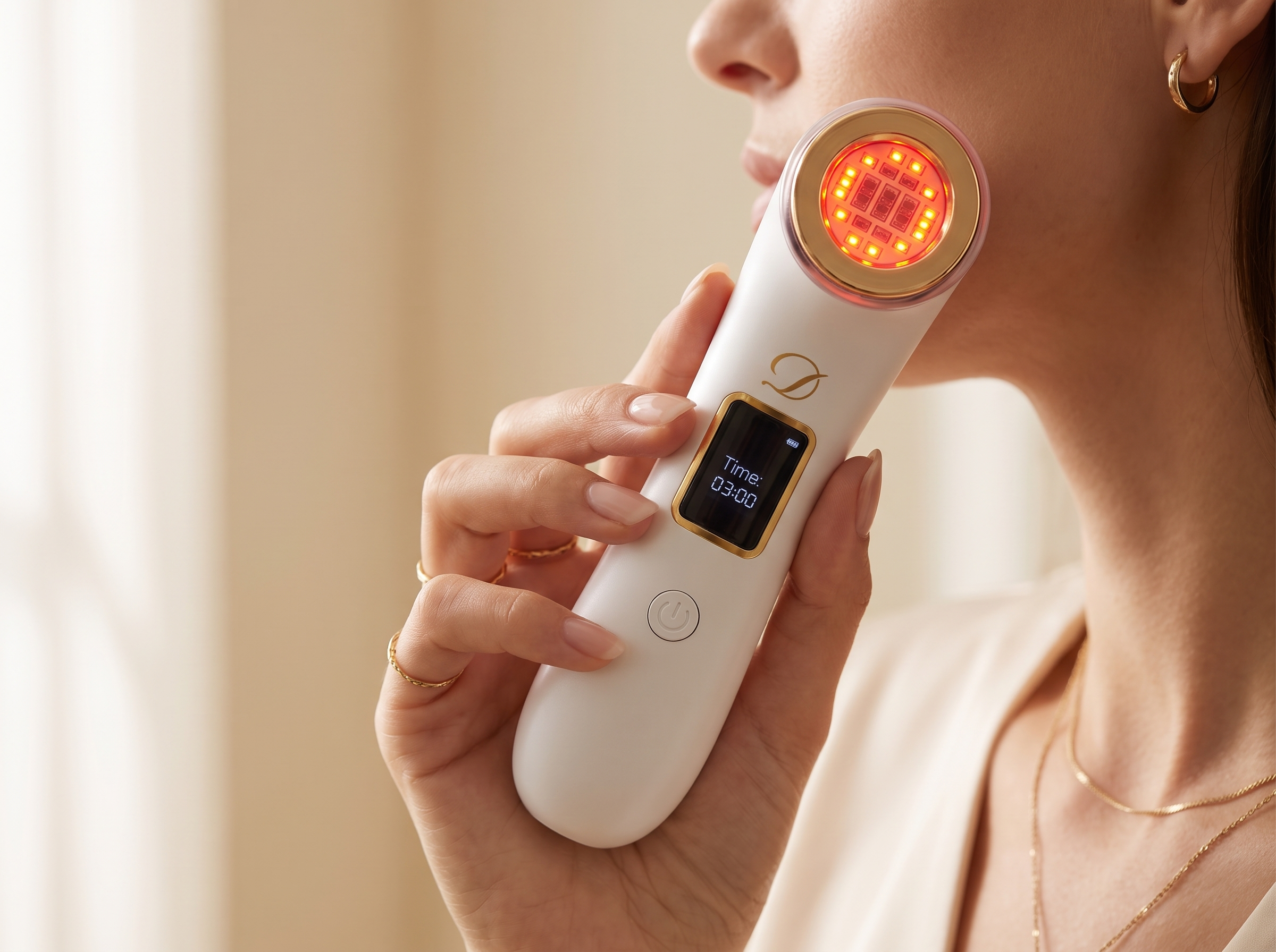 Image of Hand holding the Aurion X device near the cheek with the red LED ring lit