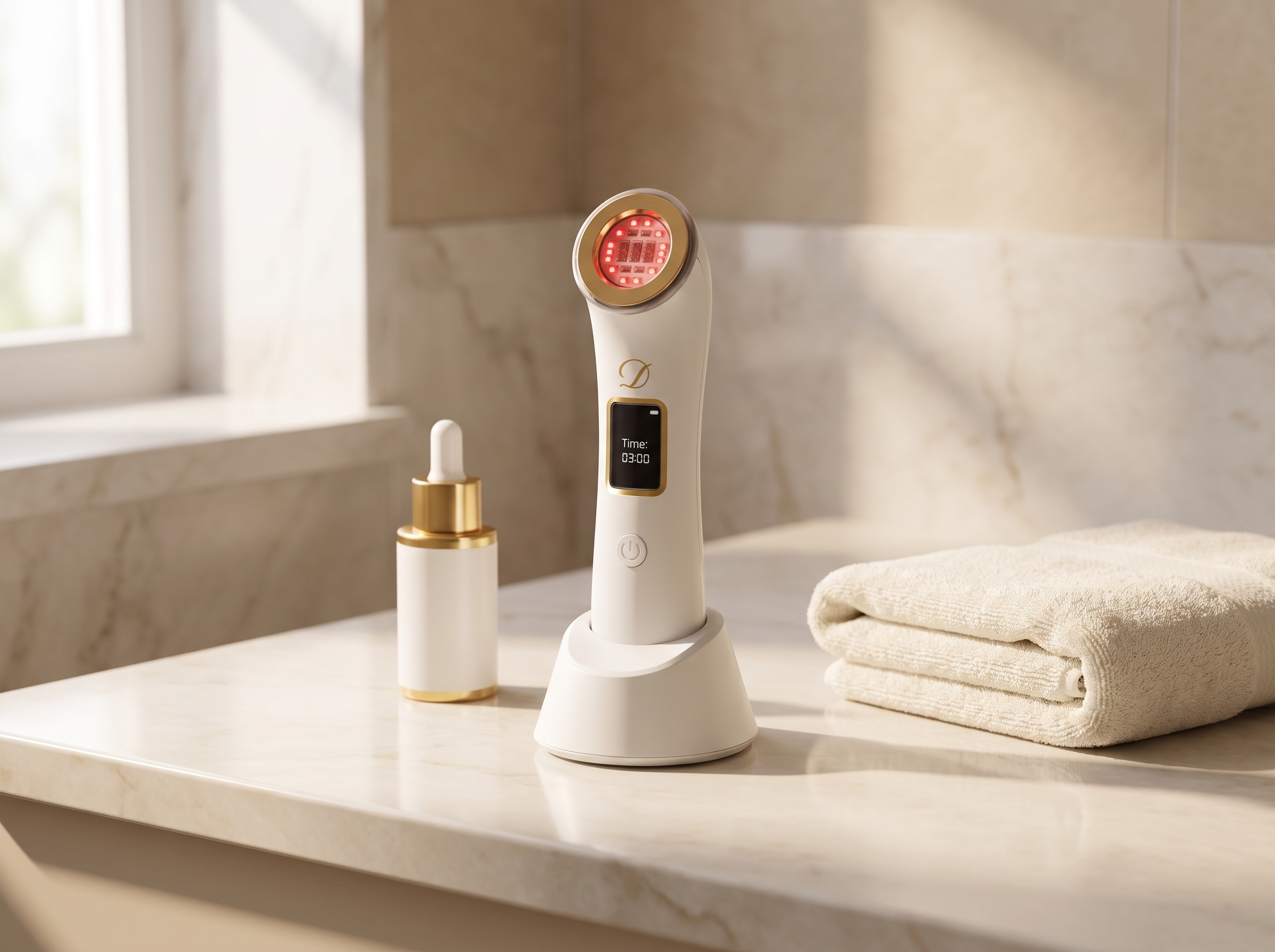 Image of Aurion X device on its charging stand on a marble vanity in morning light