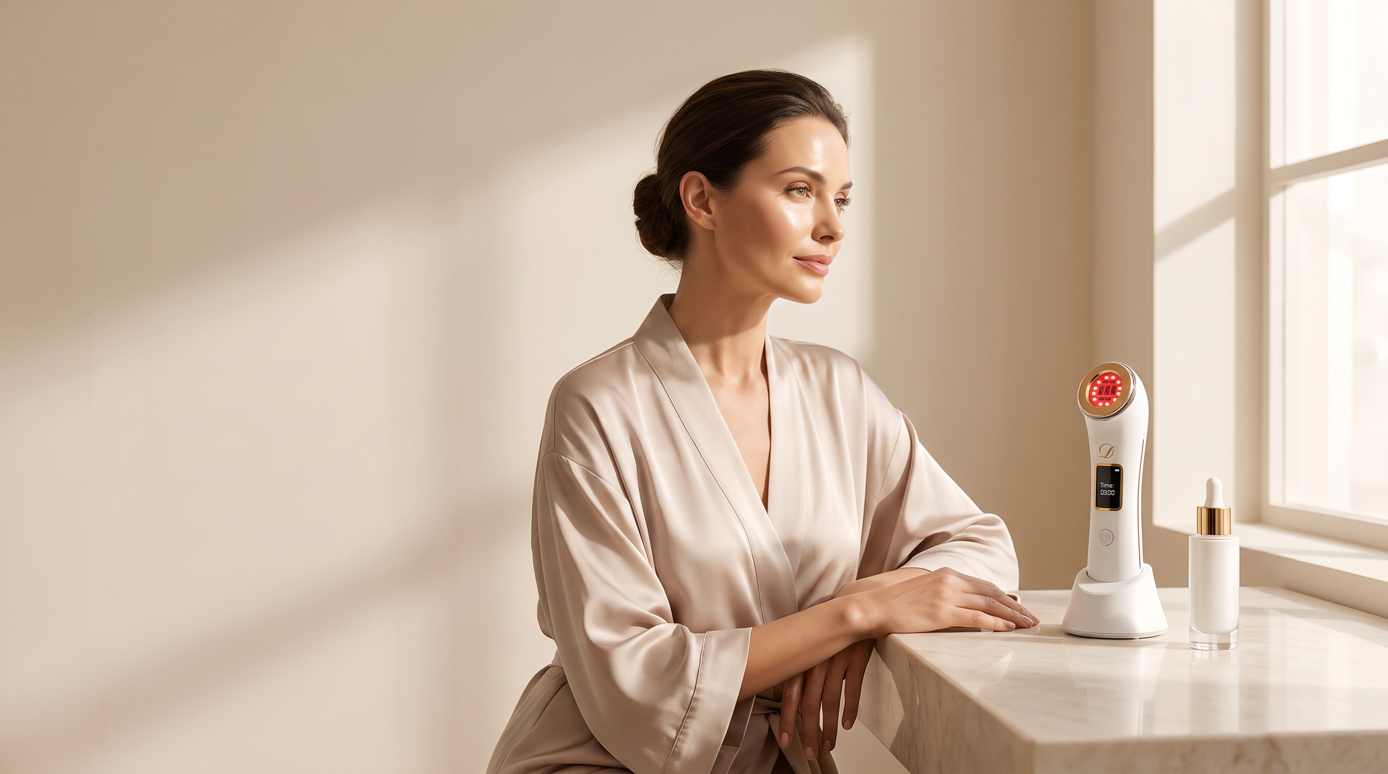 Image of Woman seated at a bright vanity beside the Aurion X device resting on its charging stand