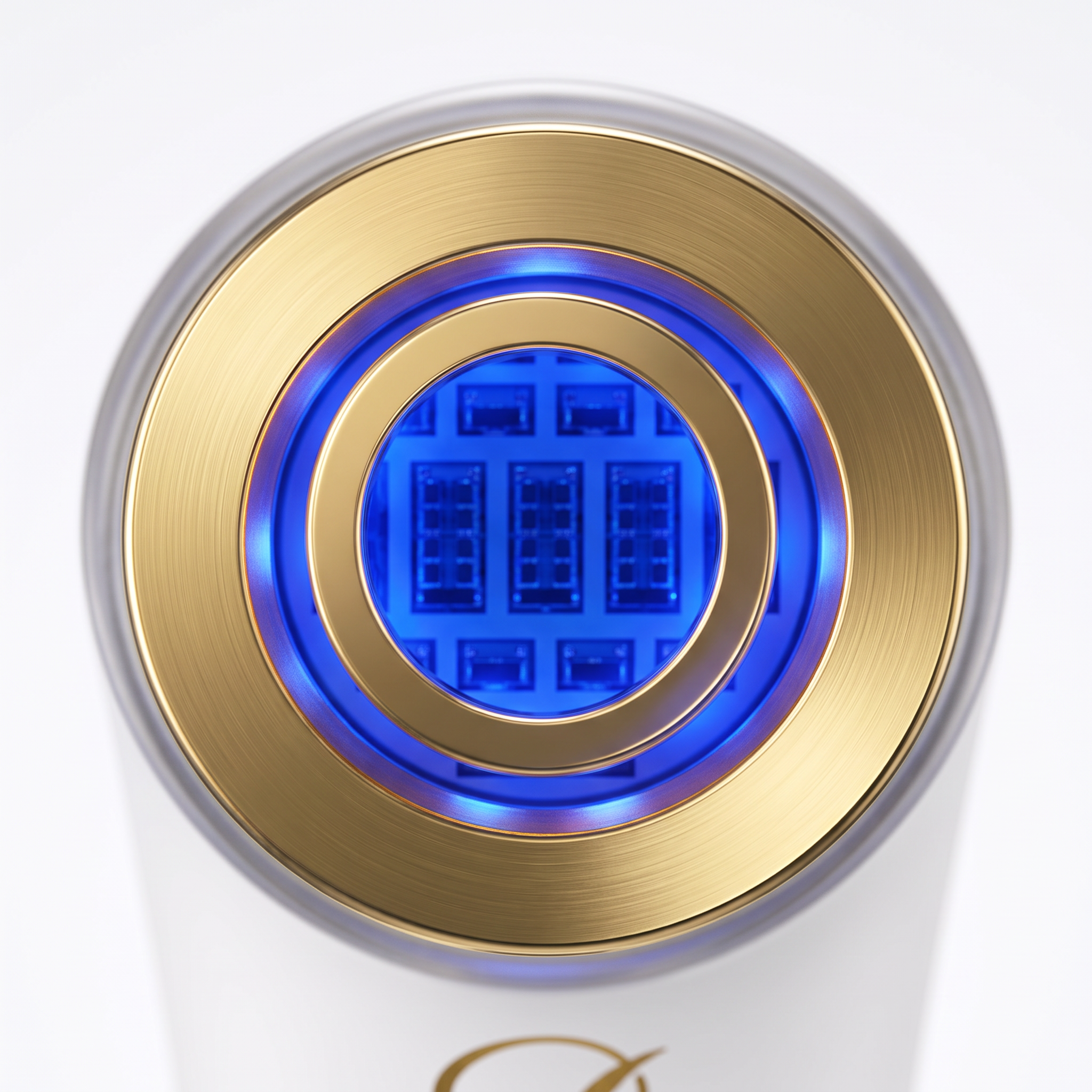 Image of Close-up of the Aurion X gold treatment ring with the LED array glowing blue at 465 nanometres