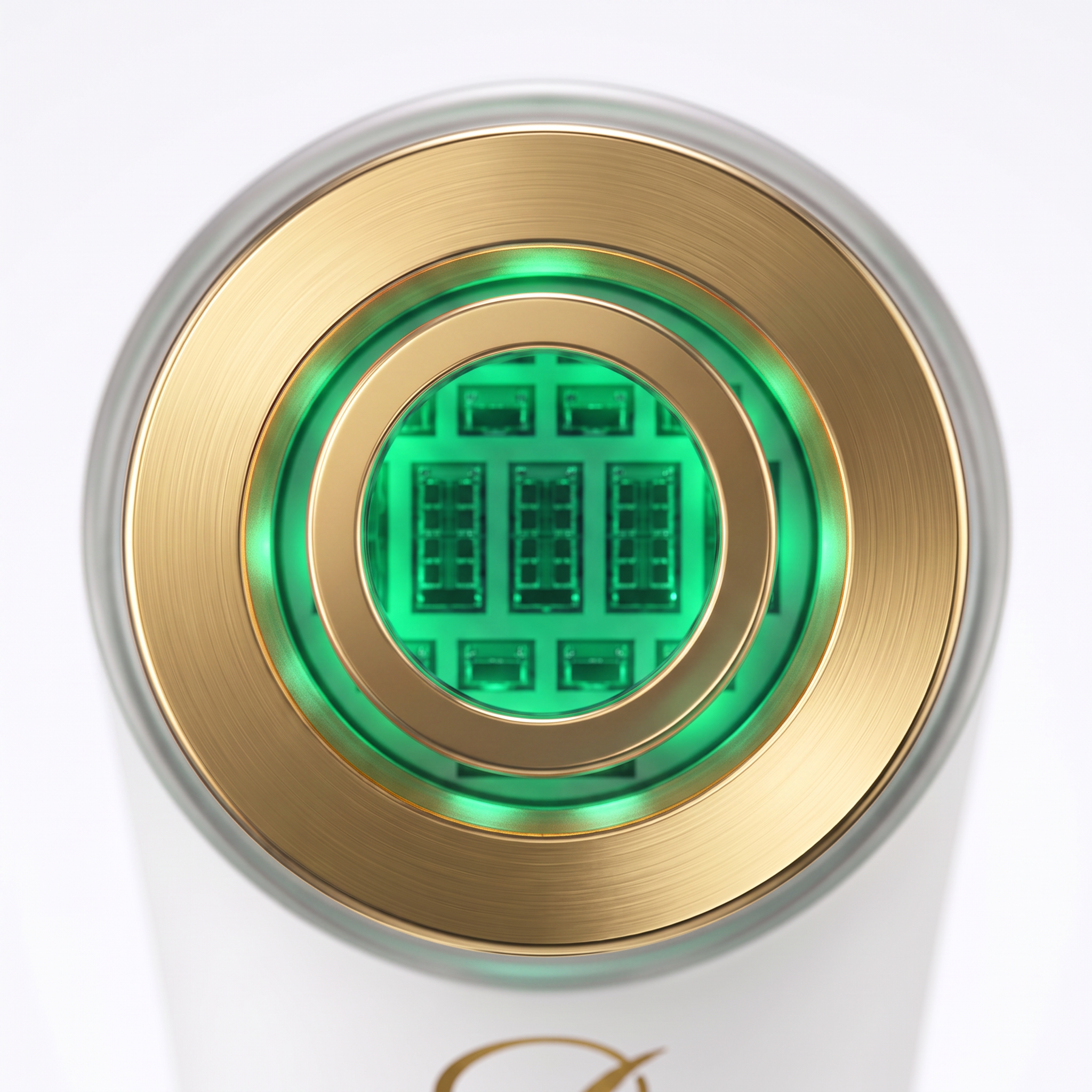 Image of Close-up of the Aurion X gold treatment ring with the LED array glowing green at 525 nanometres
