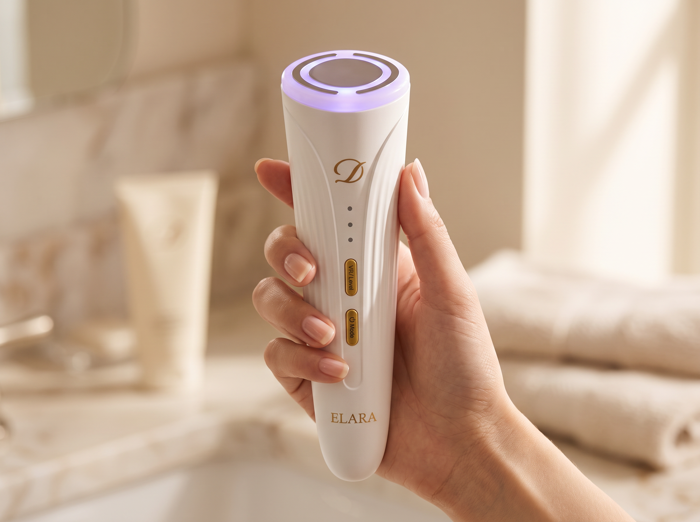 Image of Hand holding the ELARA device with the treatment head glowing violet