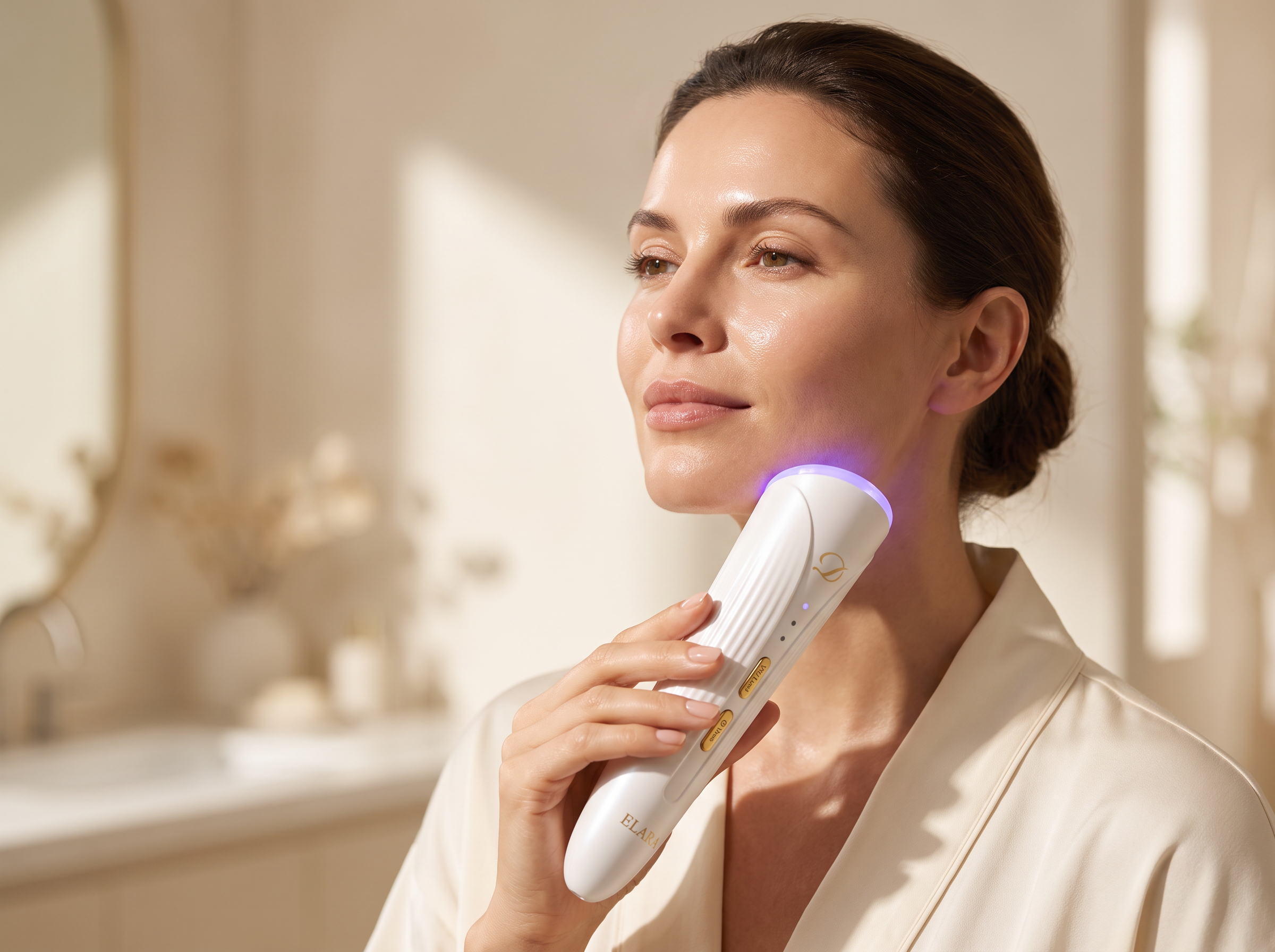 Image of Woman gliding the ELARA device upward along her jawline with the treatment head glowing violet