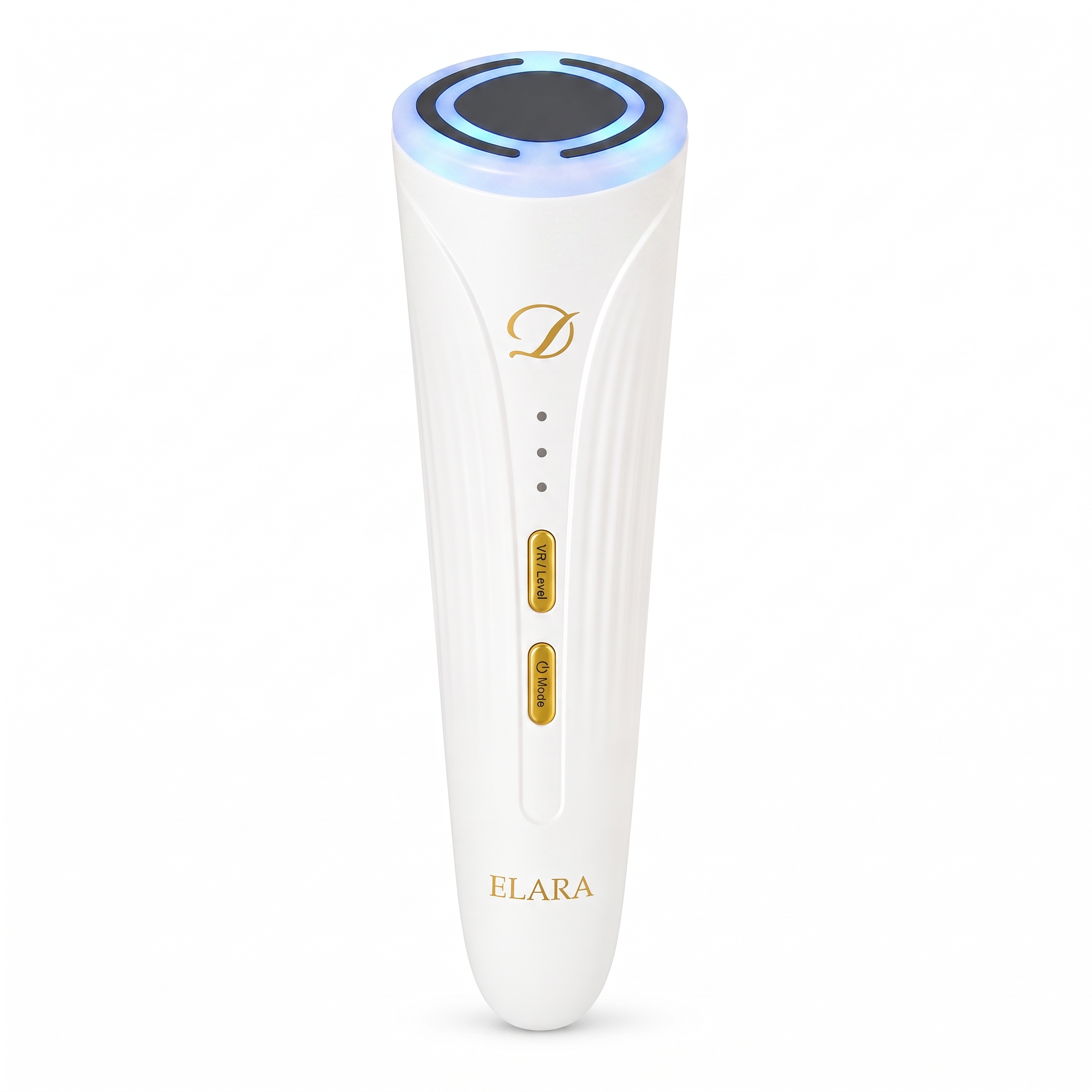 Image of ELARA device with the treatment head glowing blue for the blue light and cooling mode