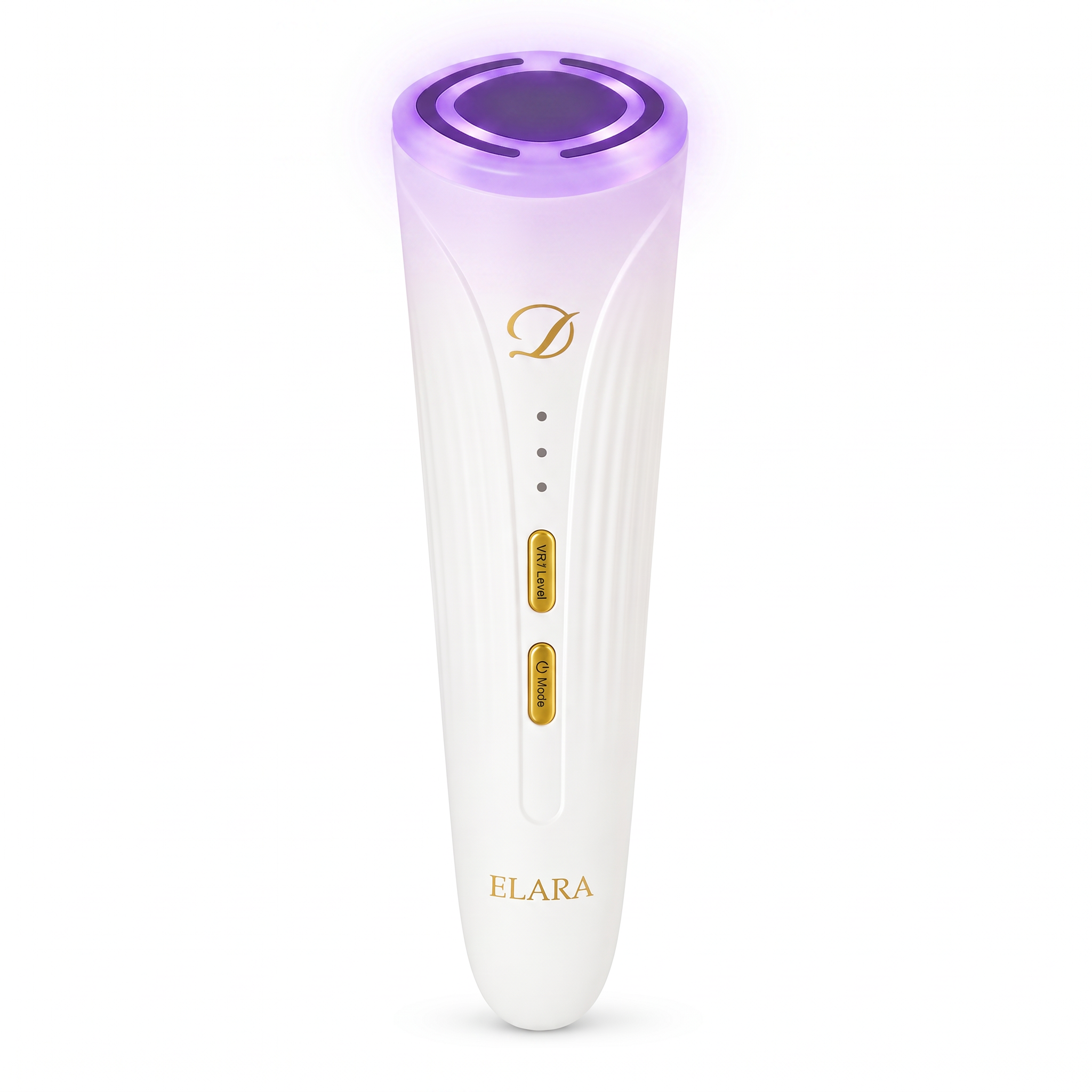 Image of ELARA device with the treatment head glowing purple for the purple light and EMS microcurrent mode