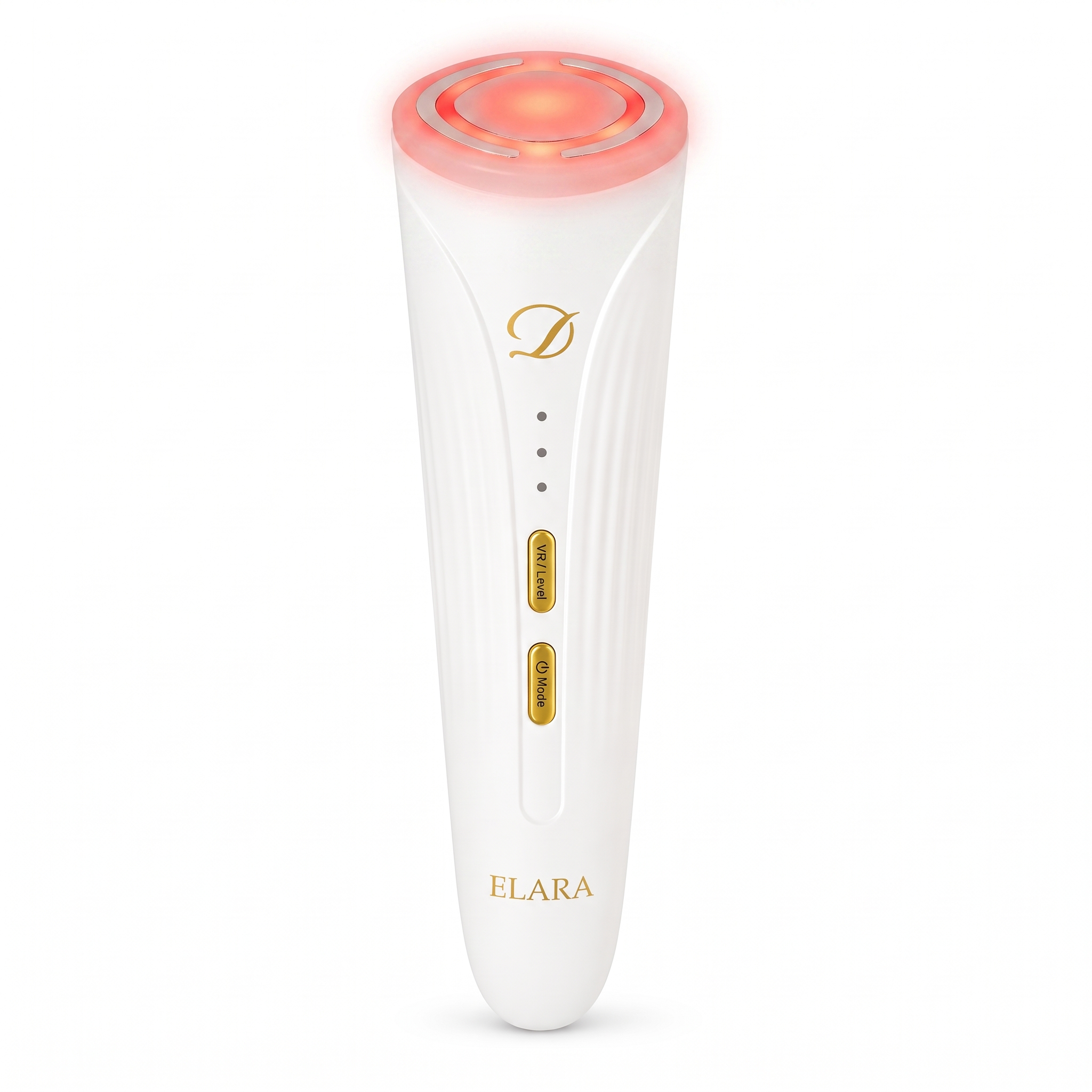 Image of ELARA device with the treatment head glowing red for the red light and heating mode